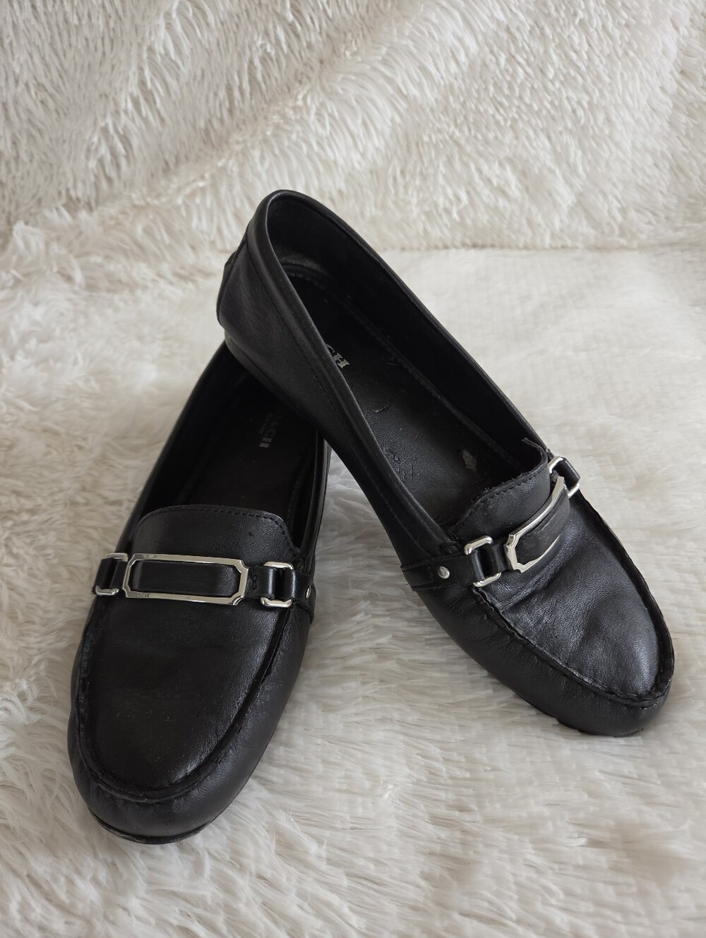 Coach Flynn Black Leather Slip On Moccasin Decorative Buckle Womens Soze 7.5